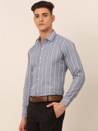Jainish Men's Light Grey & White Classic Striped Formal Shirt | Grocsy