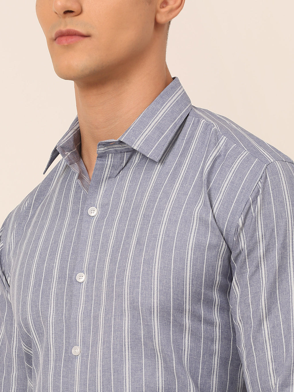 Jainish Men's Light Grey & White Classic Striped Formal Shirt | Grocsy