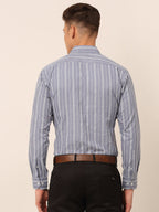 Jainish Men's Light Grey & White Classic Striped Formal Shirt | Grocsy