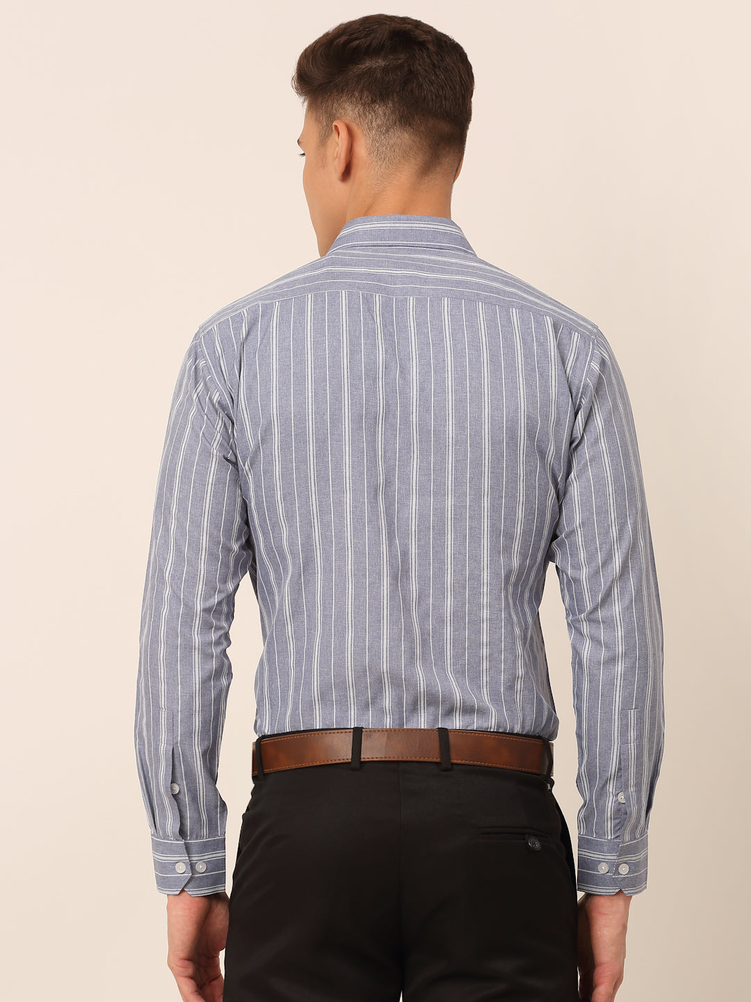 Jainish Men's Light Grey & White Classic Striped Formal Shirt | Grocsy