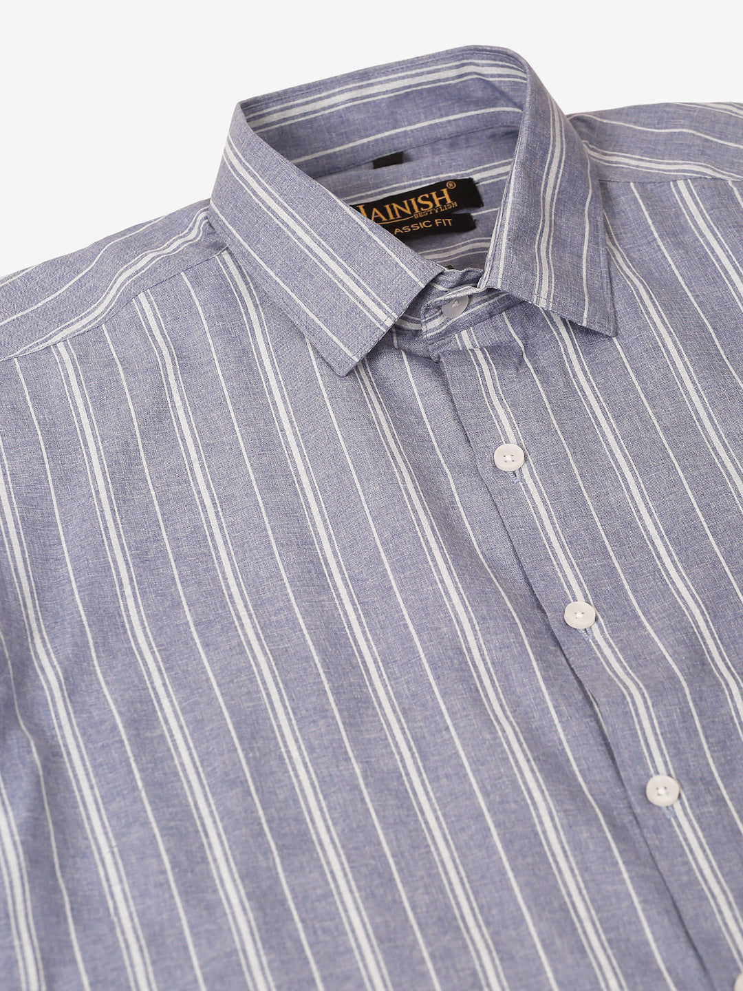 Jainish Men's Light Grey & White Classic Striped Formal Shirt | Grocsy