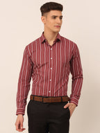 Jainish Men's Maroon & White Classic Striped Formal Shirt | Grocsy
