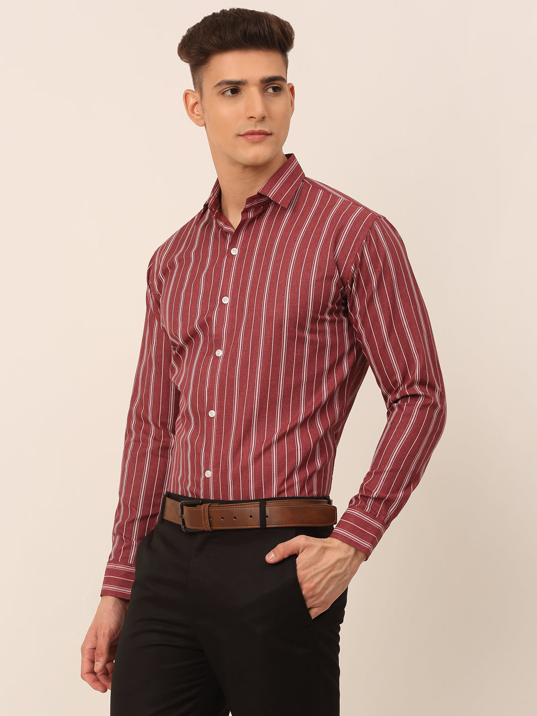 Jainish Men's Maroon & White Classic Striped Formal Shirt | Grocsy