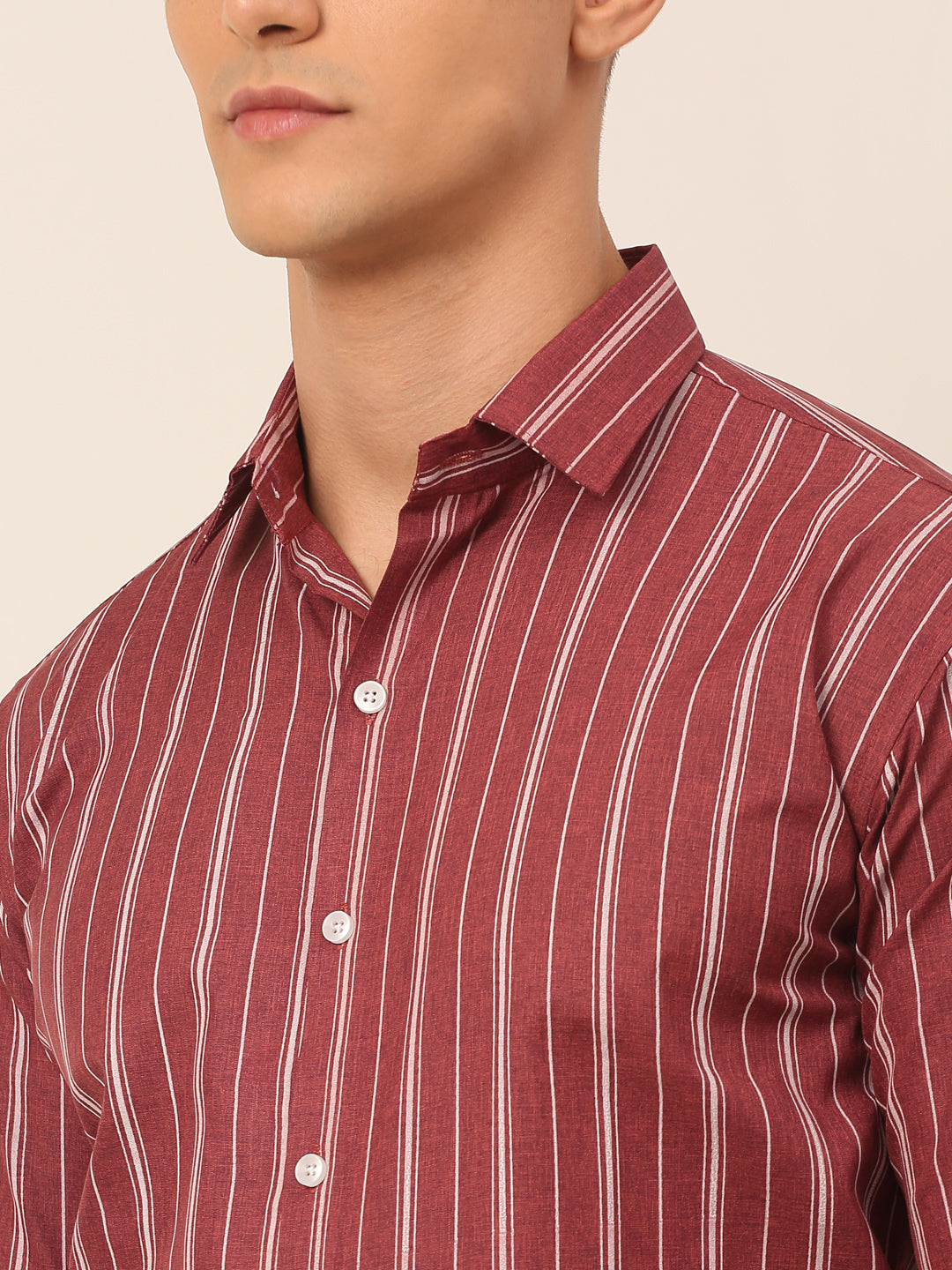 Jainish Men's Maroon & White Classic Striped Formal Shirt | Grocsy
