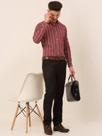 Jainish Men's Maroon & White Classic Striped Formal Shirt | Grocsy