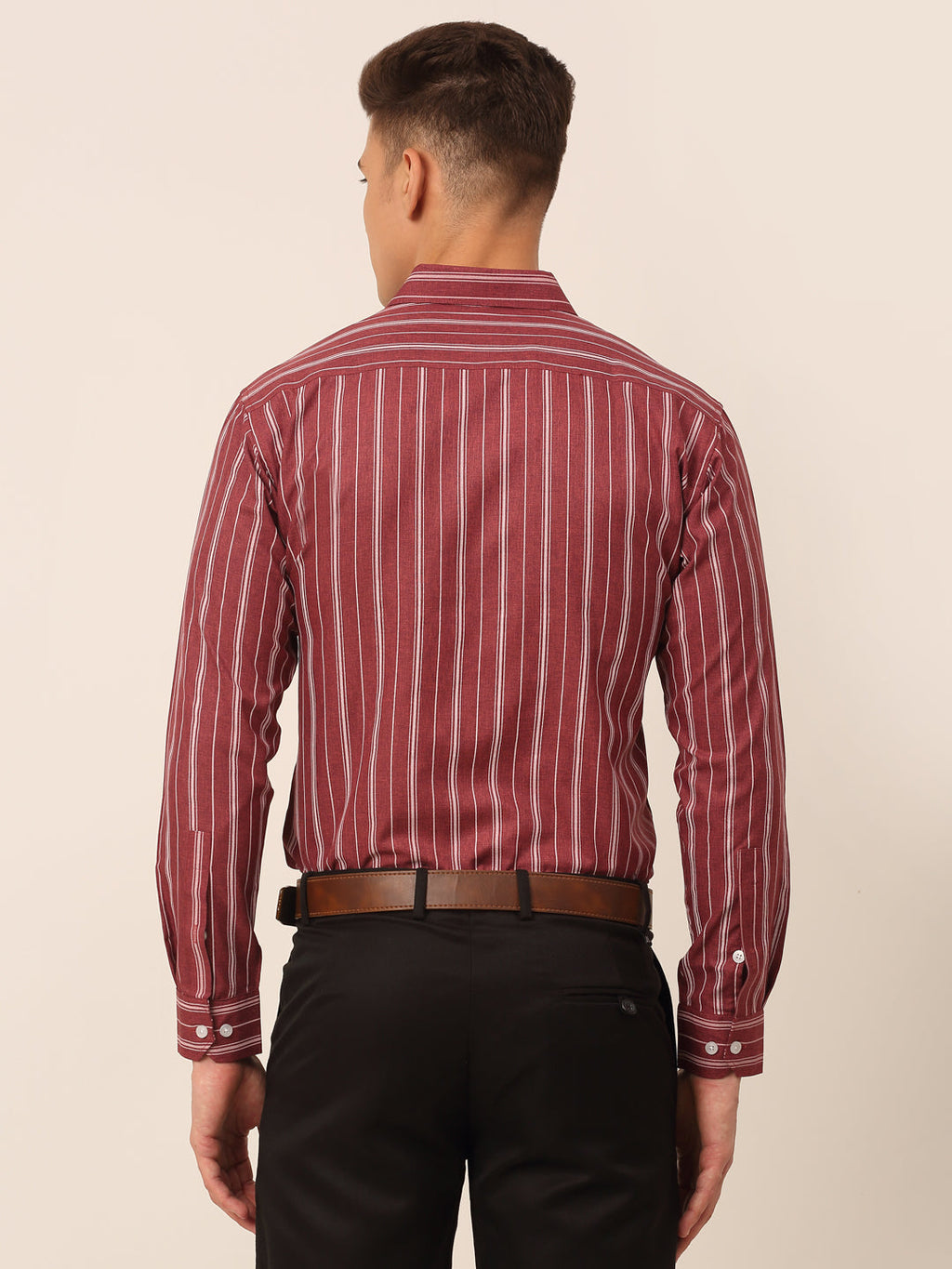 Jainish Men's Maroon & White Classic Striped Formal Shirt | Grocsy