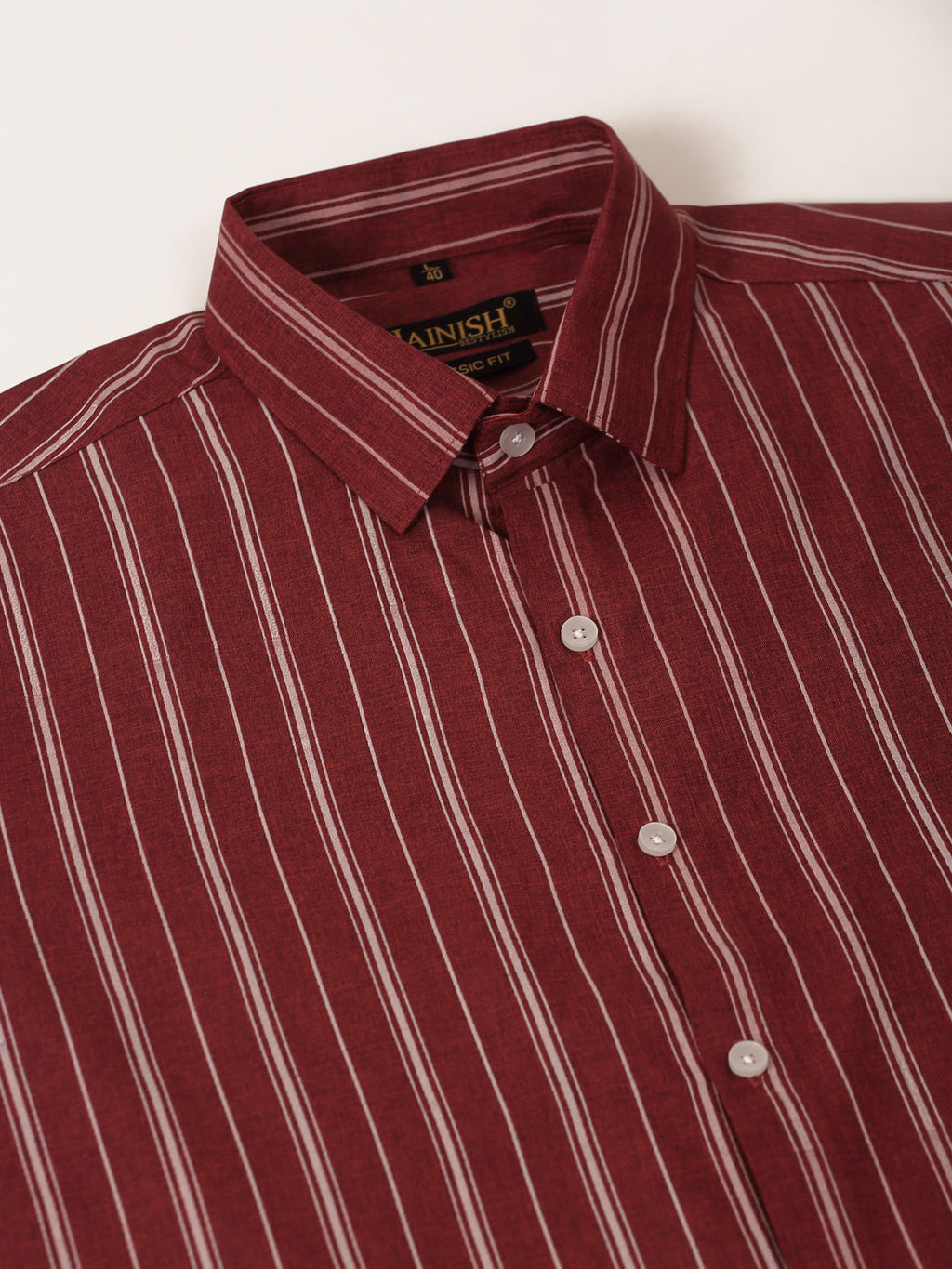 Jainish Men's Maroon & White Classic Striped Formal Shirt | Grocsy
