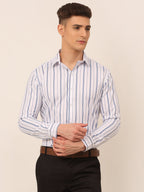 Jainish Men's White & Blue Classic Striped Formal Shirt | Grocsy