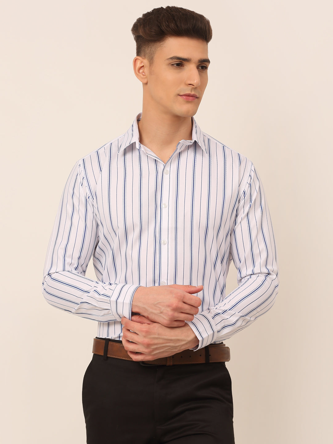 Jainish Men's White & Blue Classic Striped Formal Shirt | Grocsy