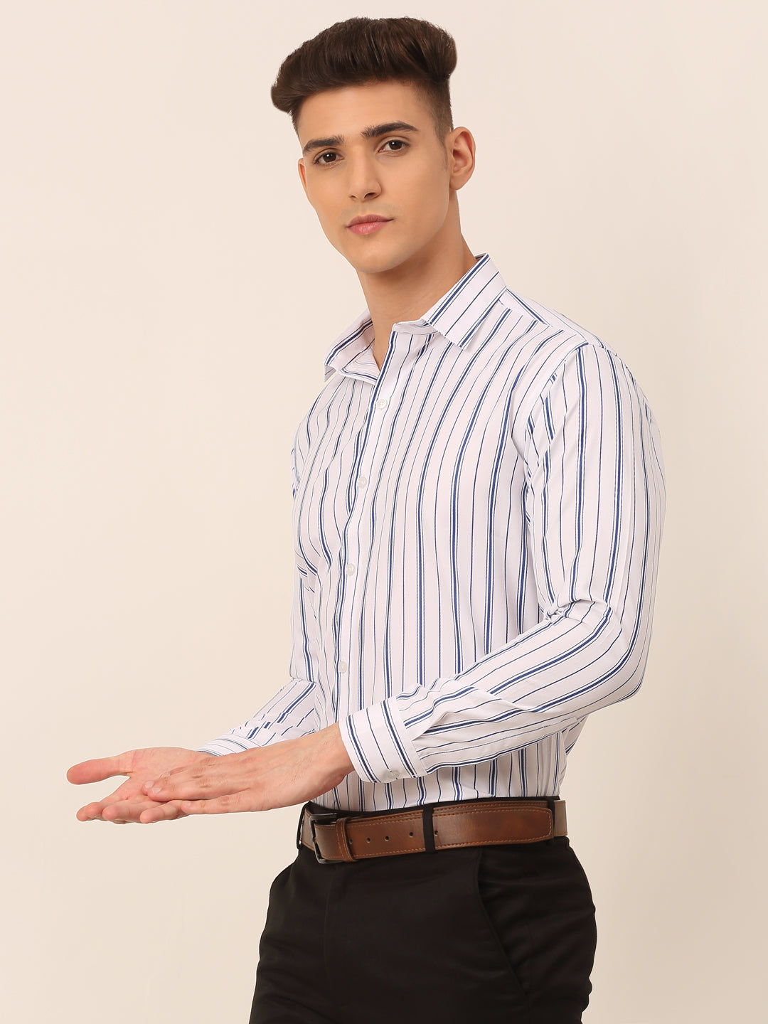 Jainish Men's White & Blue Classic Striped Formal Shirt | Grocsy