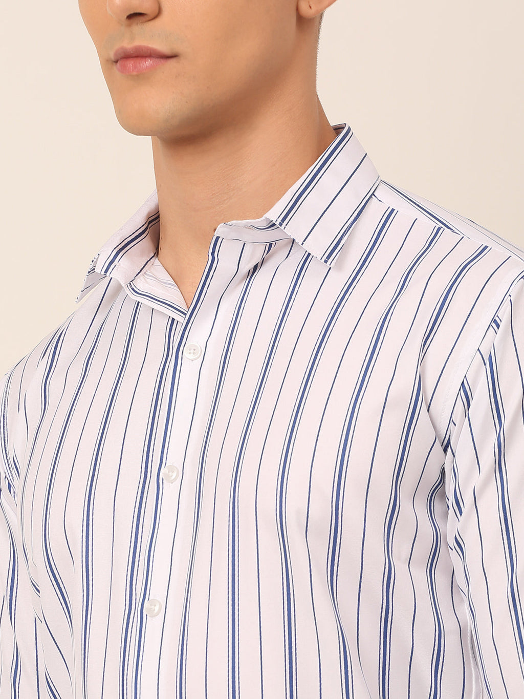 Jainish Men's White & Blue Classic Striped Formal Shirt | Grocsy