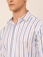 Jainish Men's White & Blue Classic Striped Formal Shirt | Grocsy