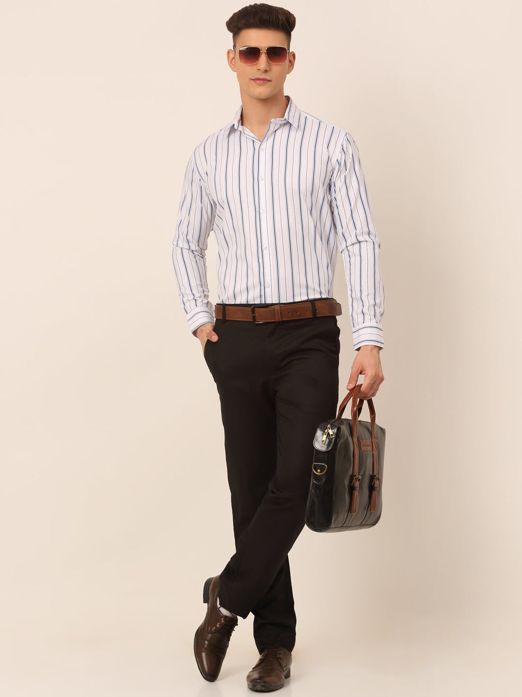 Jainish Men's White & Blue Classic Striped Formal Shirt | Grocsy