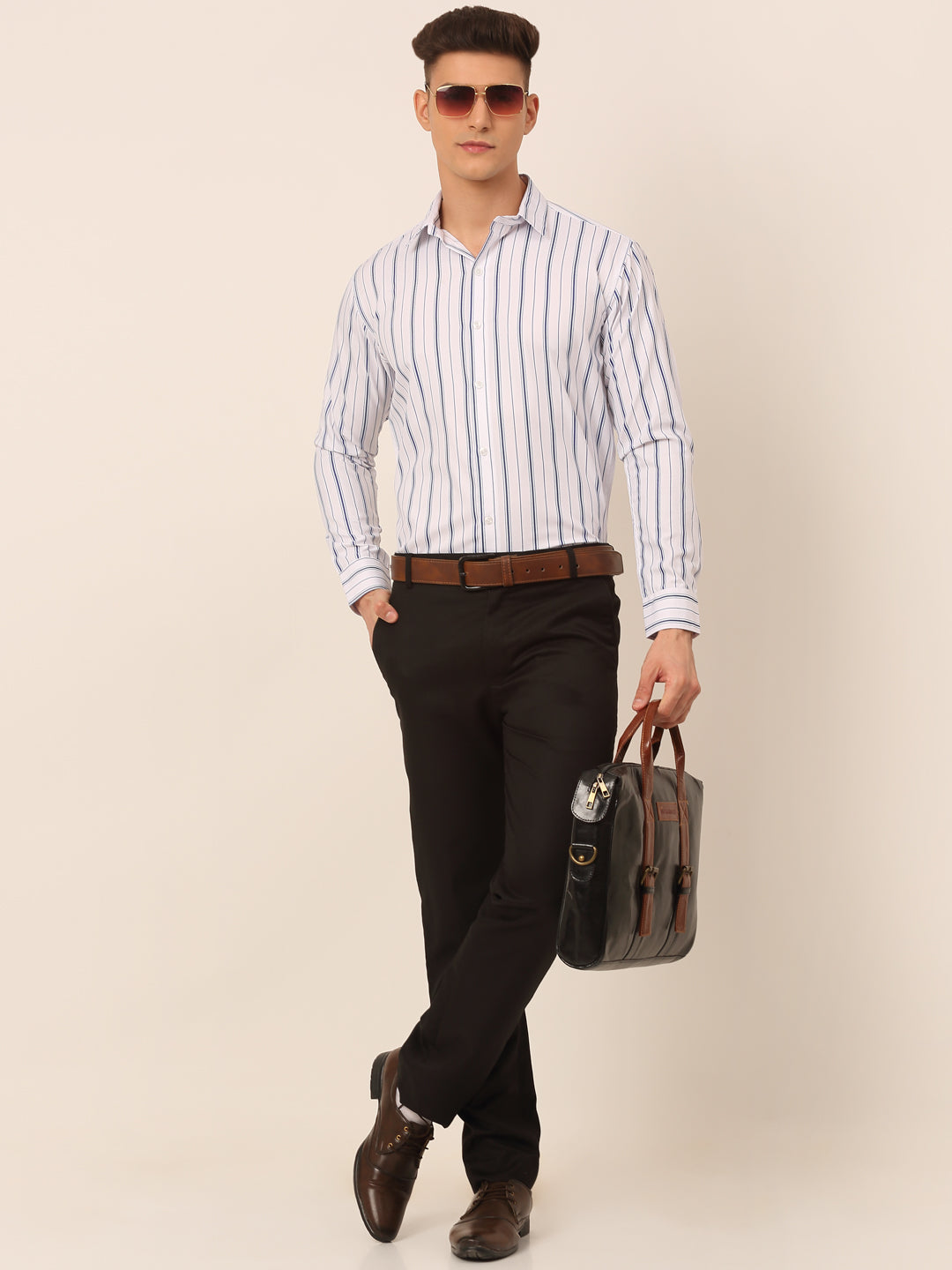 Jainish Men's White & Blue Classic Striped Formal Shirt | Grocsy