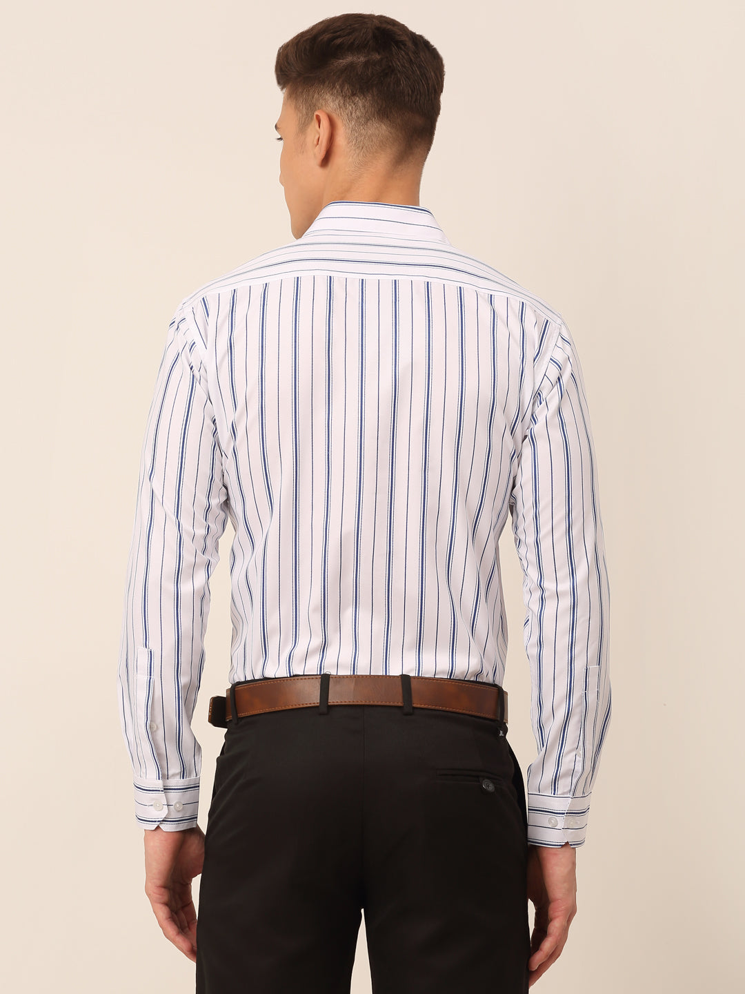 Jainish Men's White & Blue Classic Striped Formal Shirt | Grocsy
