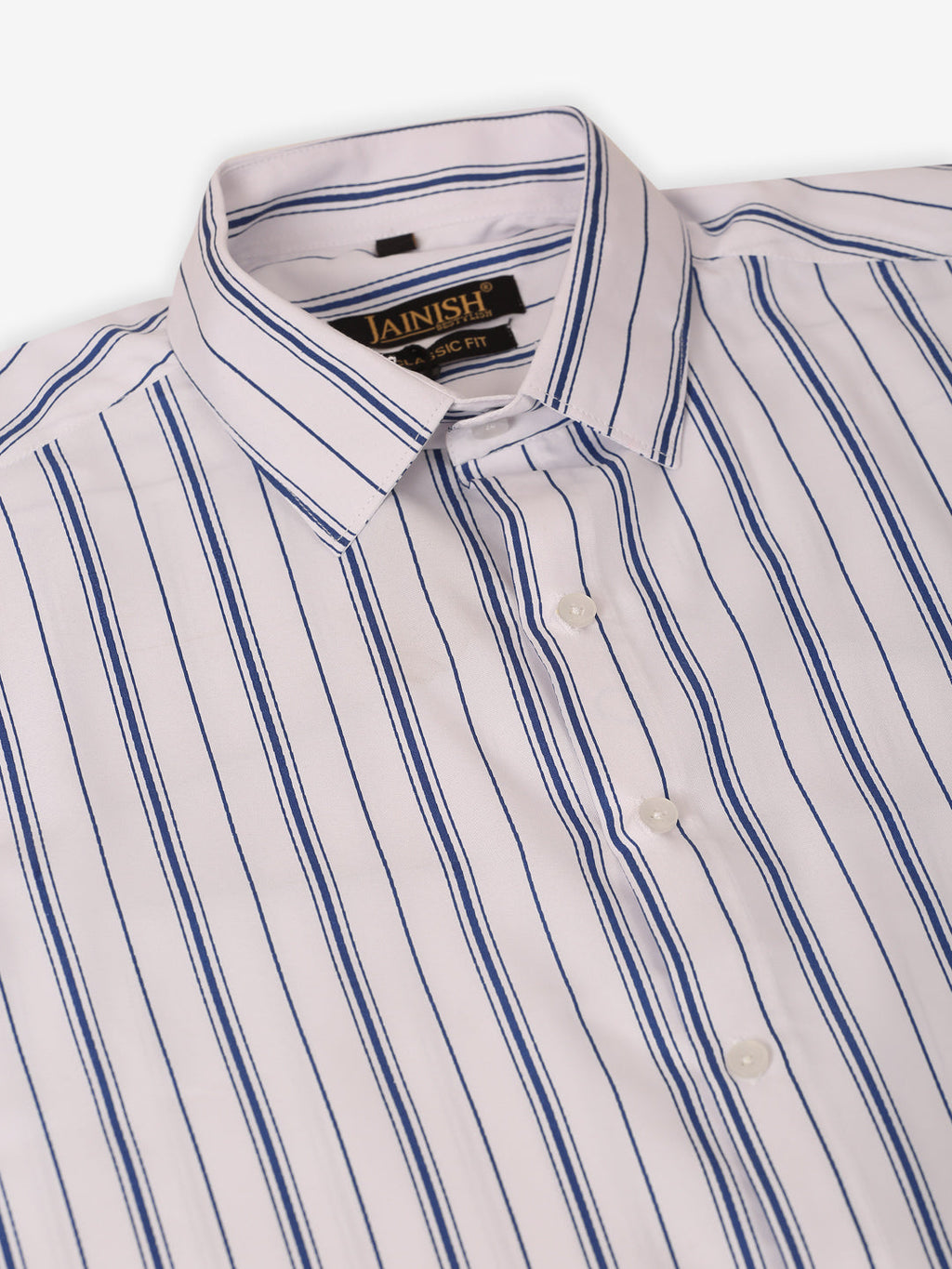 Jainish Men's White & Blue Classic Striped Formal Shirt | Grocsy