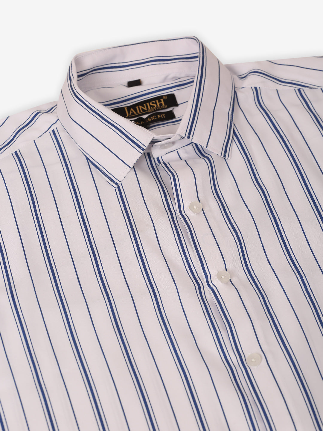 Jainish Men's White & Blue Classic Striped Formal Shirt | Grocsy