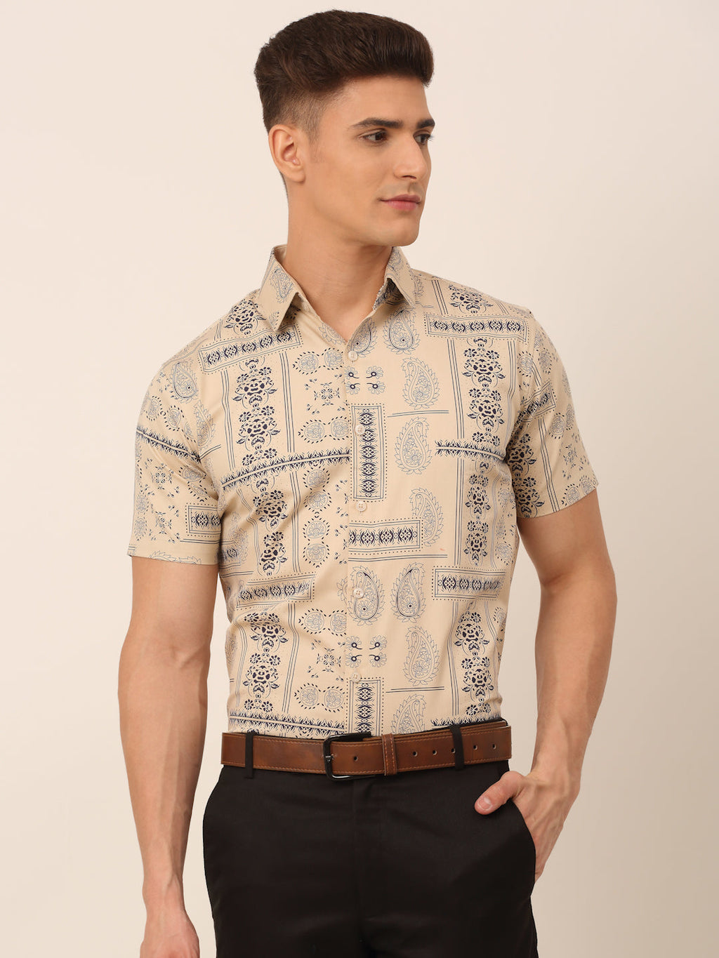 Jainish Men's Cotton Printed Formal Shirts - Beige | Grocsy