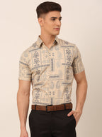 Jainish Men's Cotton Printed Formal Shirts - Beige | Grocsy