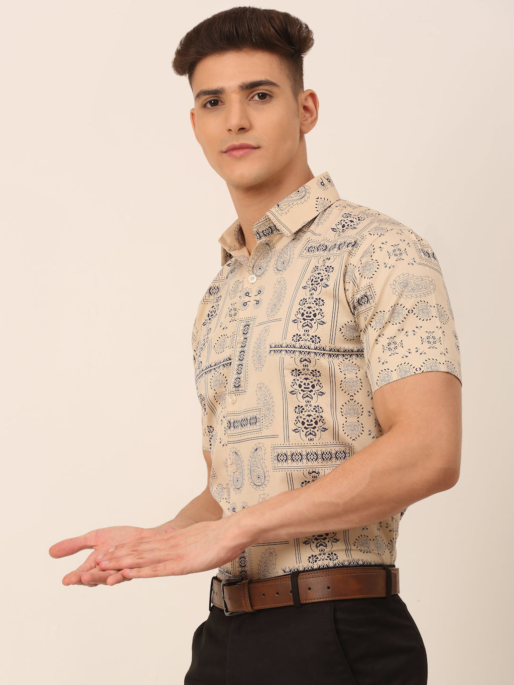 Jainish Men's Cotton Printed Formal Shirts - Beige | Grocsy