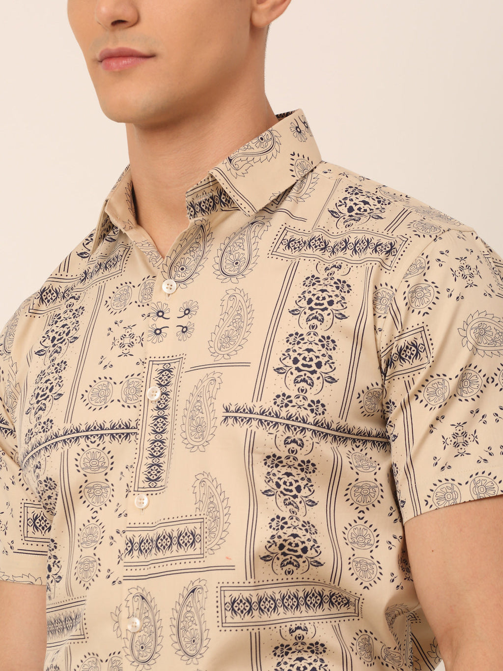 Jainish Men's Cotton Printed Formal Shirts - Beige | Grocsy