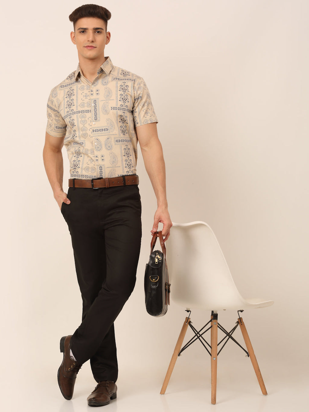 Jainish Men's Cotton Printed Formal Shirts - Beige | Grocsy