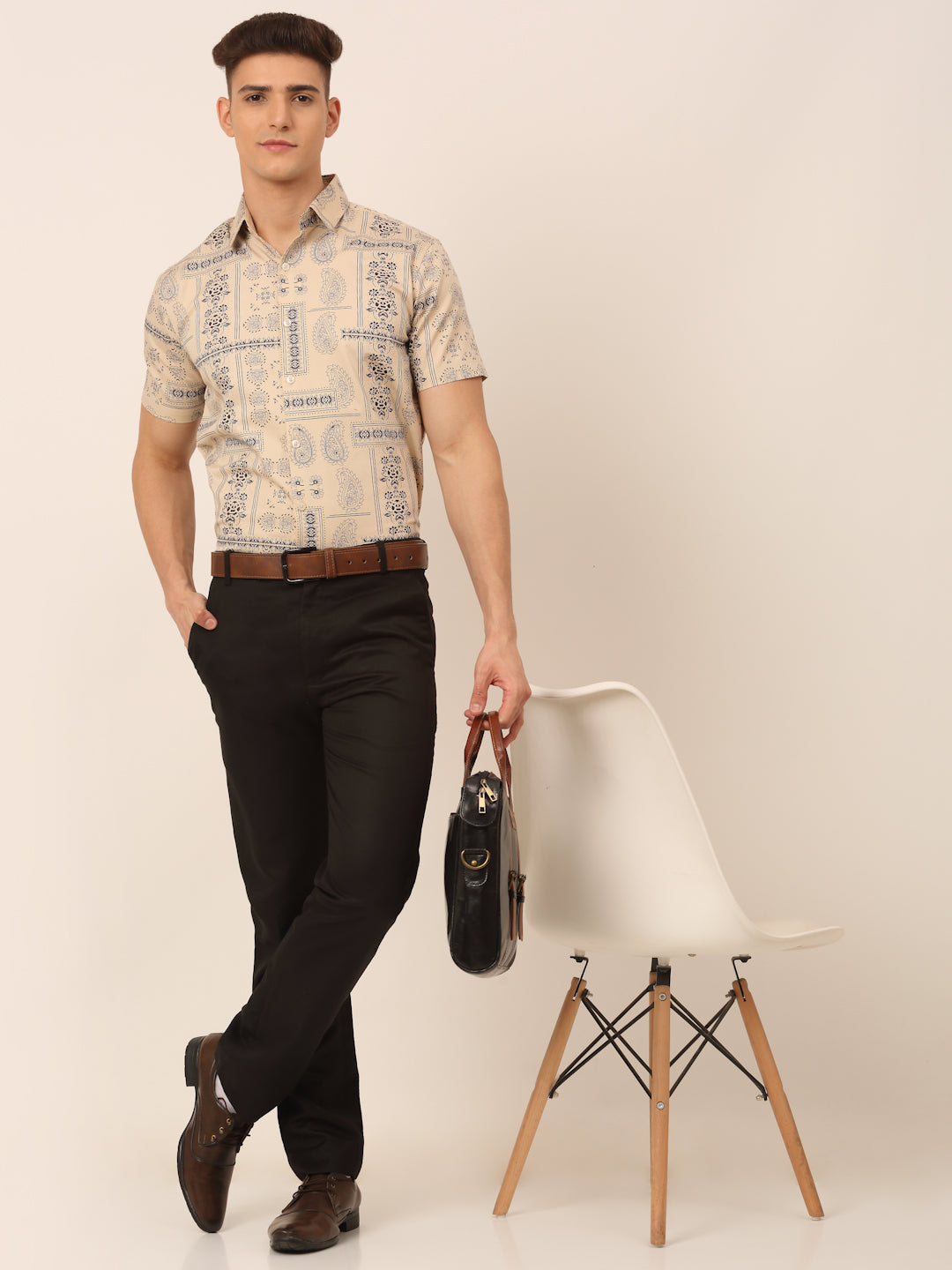 Jainish Men's Cotton Printed Formal Shirts - Beige | Grocsy