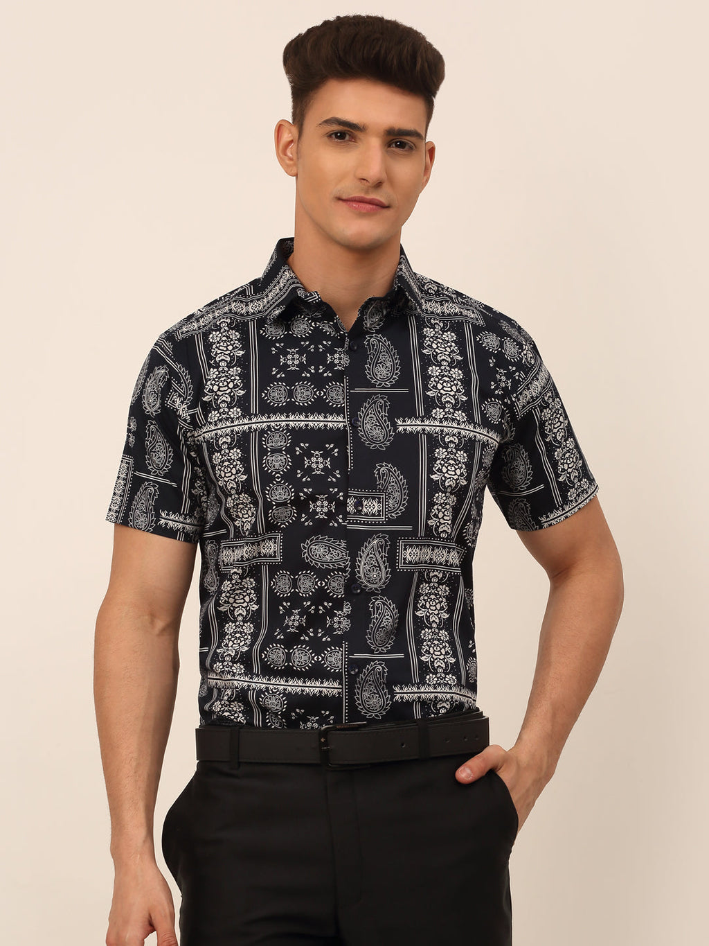 Jainish Men's Cotton Printed Formal Shirts - Navy Blue | Grocsy
