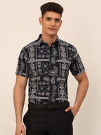 Jainish Men's Cotton Printed Formal Shirts - Navy Blue | Grocsy