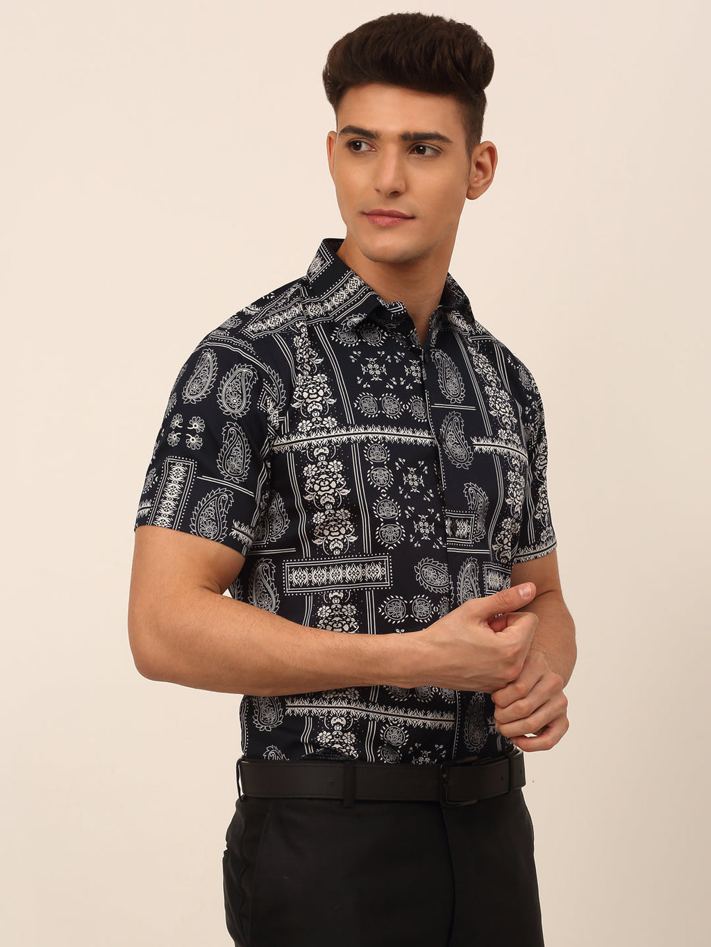 Jainish Men's Cotton Printed Formal Shirts - Navy Blue | Grocsy