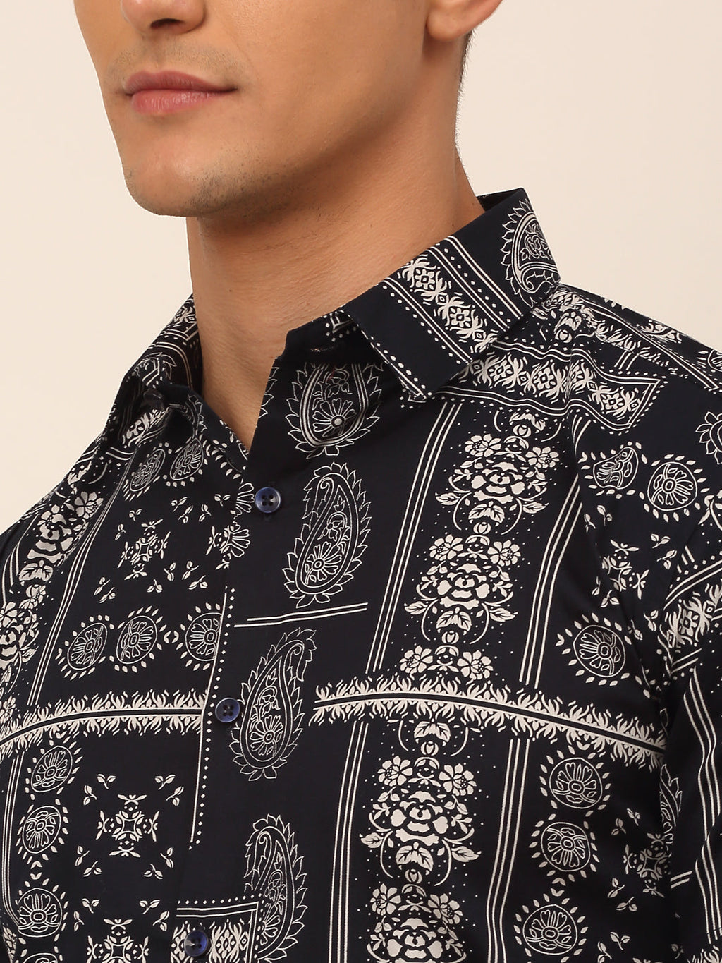 Jainish Men's Cotton Printed Formal Shirts - Navy Blue | Grocsy