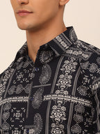 Jainish Men's Cotton Printed Formal Shirts - Navy Blue | Grocsy
