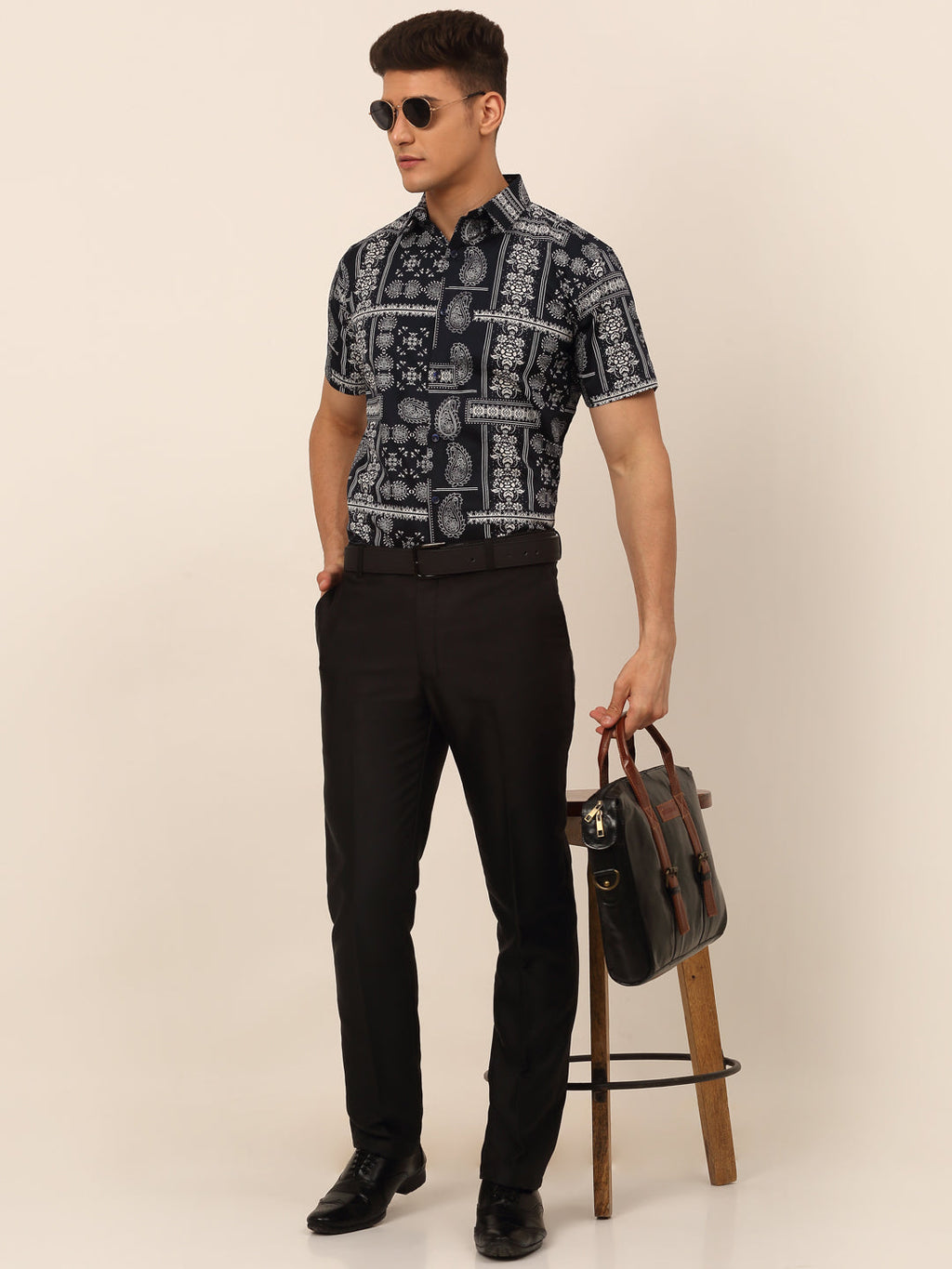 Jainish Men's Cotton Printed Formal Shirts - Navy Blue | Grocsy