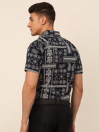 Jainish Men's Cotton Printed Formal Shirts - Navy Blue | Grocsy