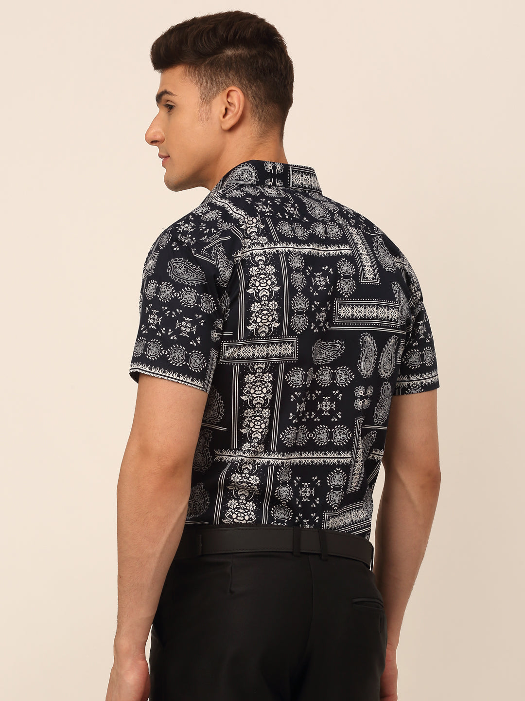 Jainish Men's Cotton Printed Formal Shirts - Navy Blue | Grocsy