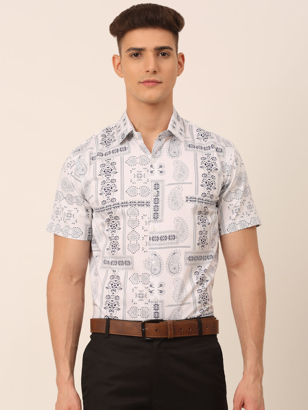 Jainish Men's Cotton Printed Formal Shirts - White | Grocsy