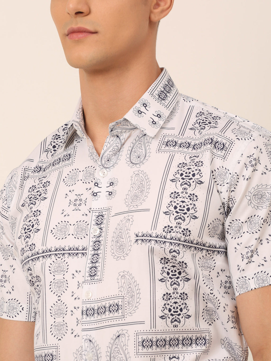 Jainish Men's Cotton Printed Formal Shirts - White | Grocsy