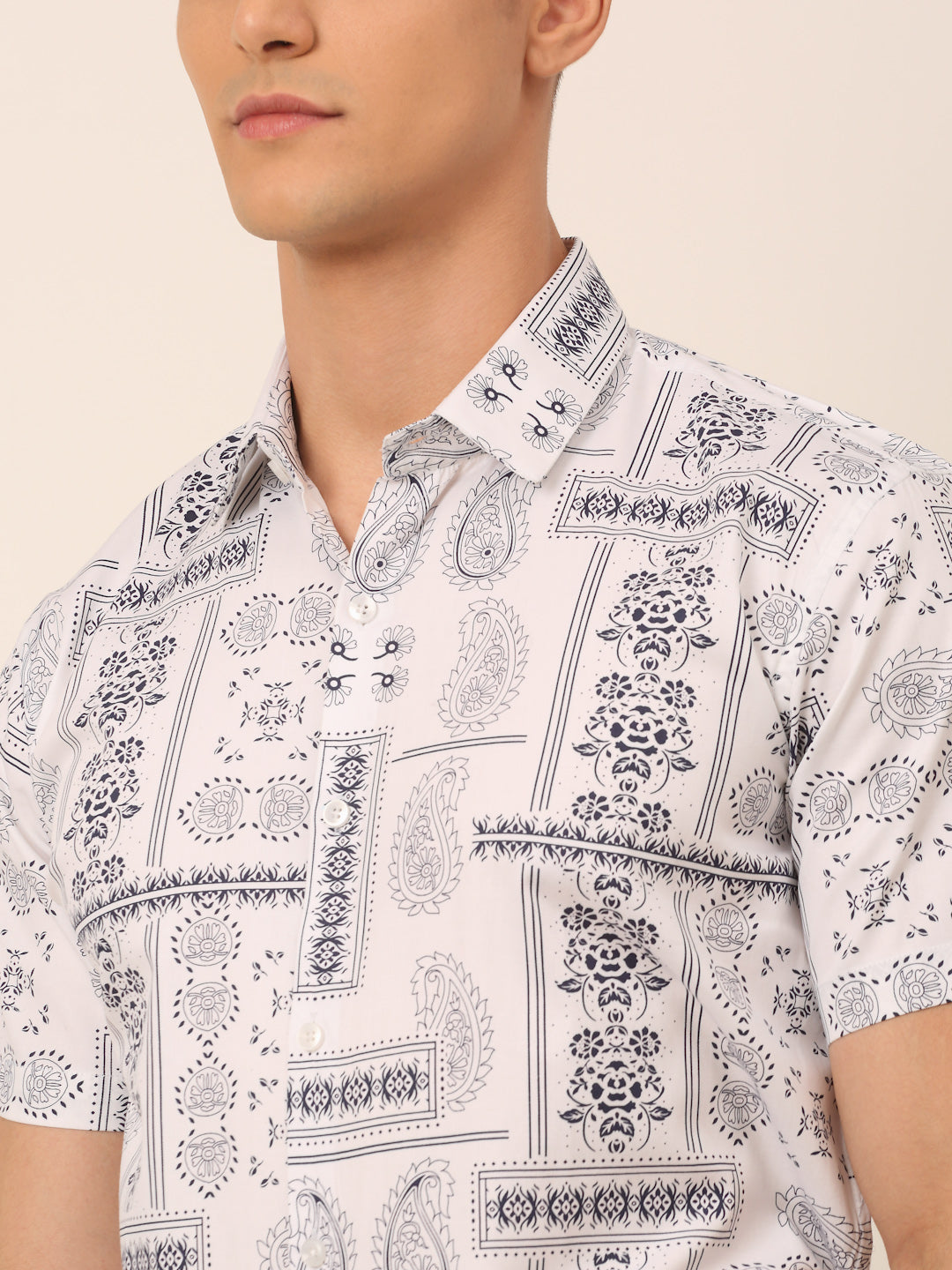 Jainish Men's Cotton Printed Formal Shirts - White | Grocsy