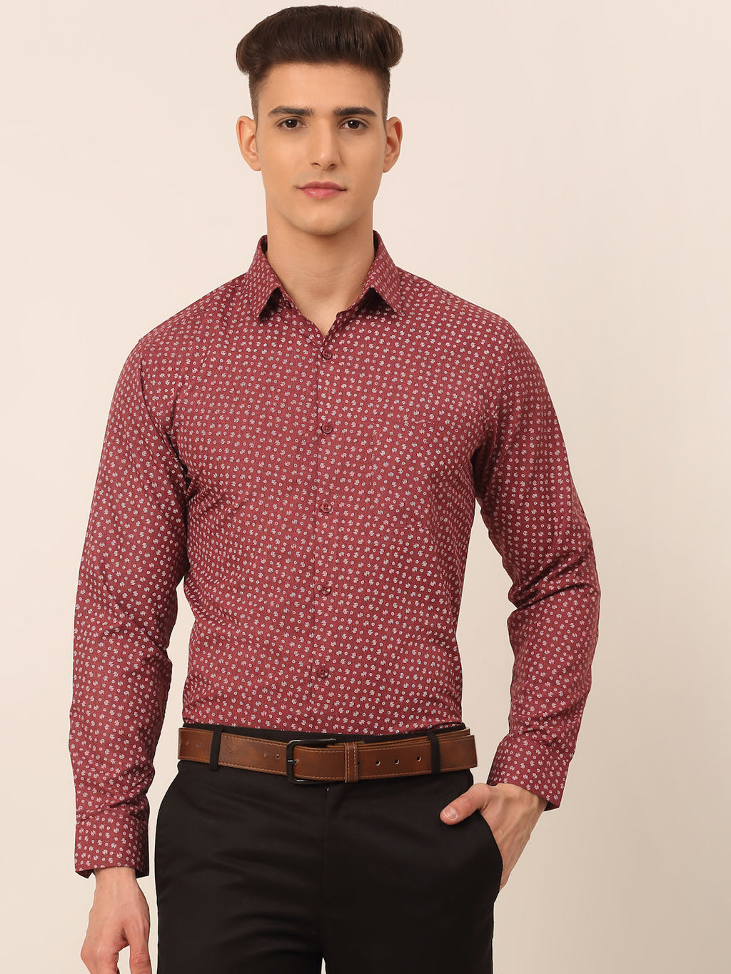 Jainish Men's Maroon Classic Printed Formal Shirt | Grocsy