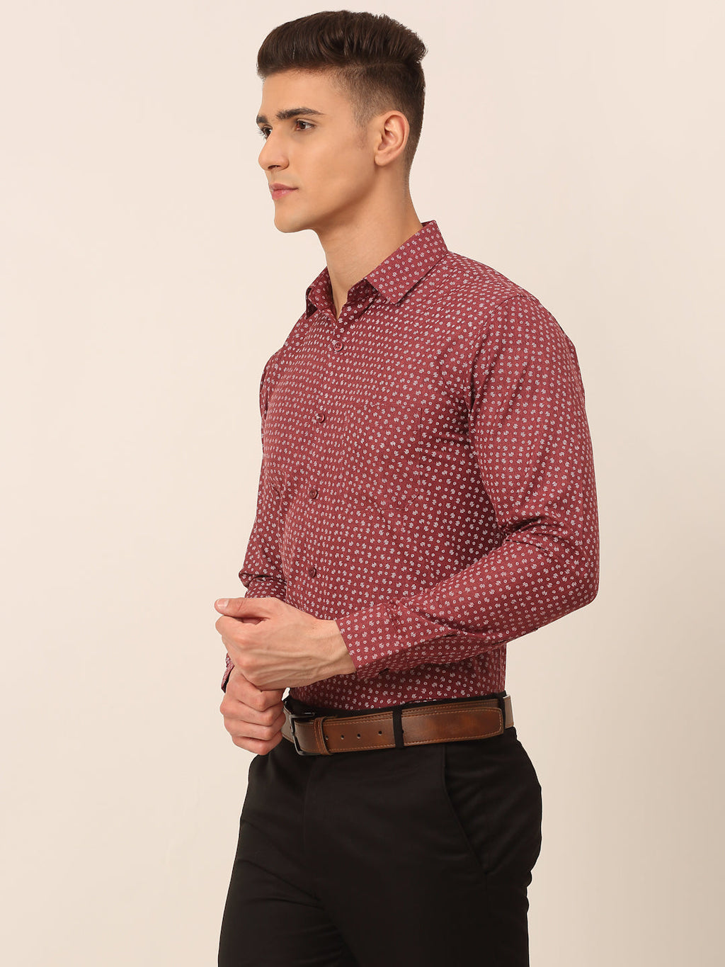 Jainish Men's Maroon Classic Printed Formal Shirt | Grocsy