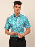 Jainish Men's Cotton Printed Formal Shirts - Aqua | Grocsy