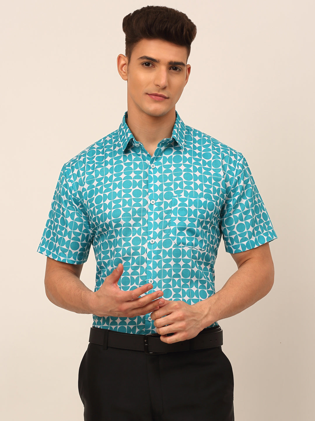 Jainish Men's Cotton Printed Formal Shirts - Aqua | Grocsy