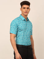 Jainish Men's Cotton Printed Formal Shirts - Aqua | Grocsy