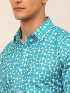 Jainish Men's Cotton Printed Formal Shirts - Aqua | Grocsy