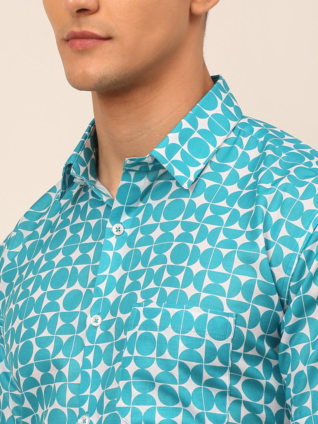 Jainish Men's Cotton Printed Formal Shirts - Aqua | Grocsy