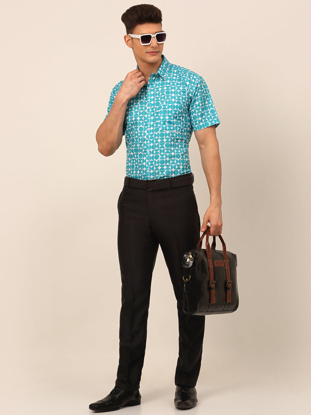 Jainish Men's Cotton Printed Formal Shirts - Aqua | Grocsy