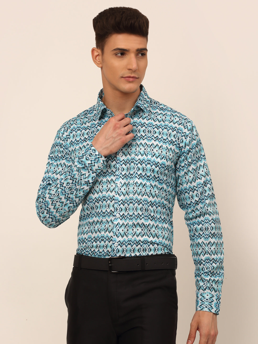 Jainish Men's Cotton Printed Formal Shirts - Sky Blue | Grocsy