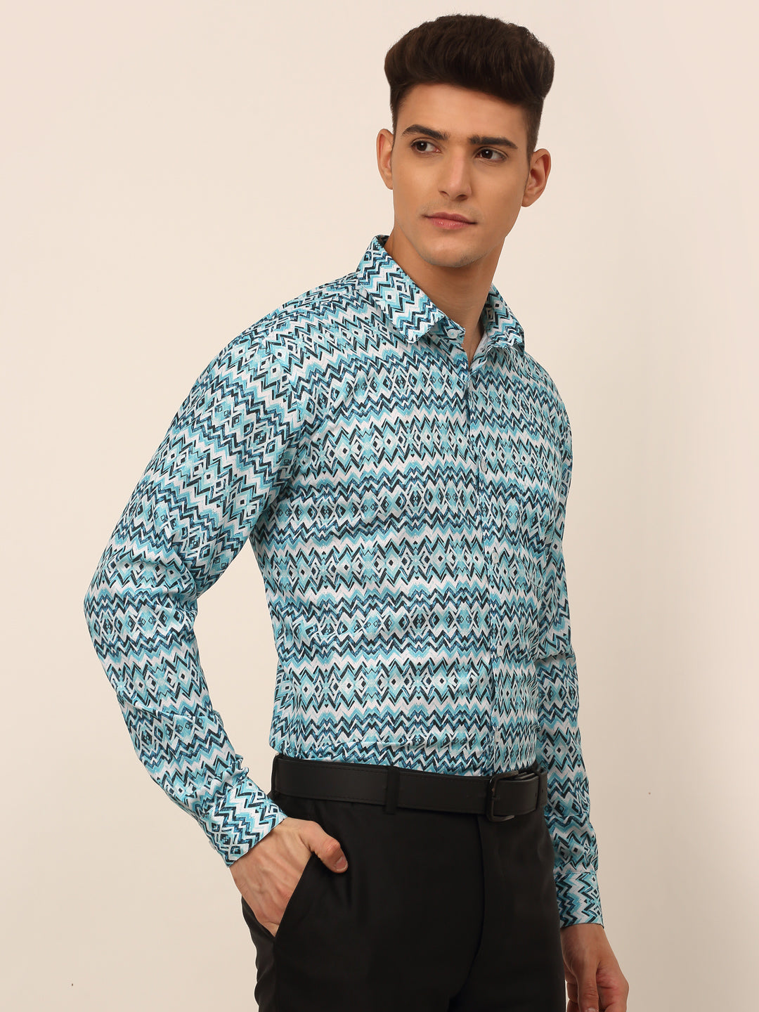 Jainish Men's Cotton Printed Formal Shirts - Sky Blue | Grocsy