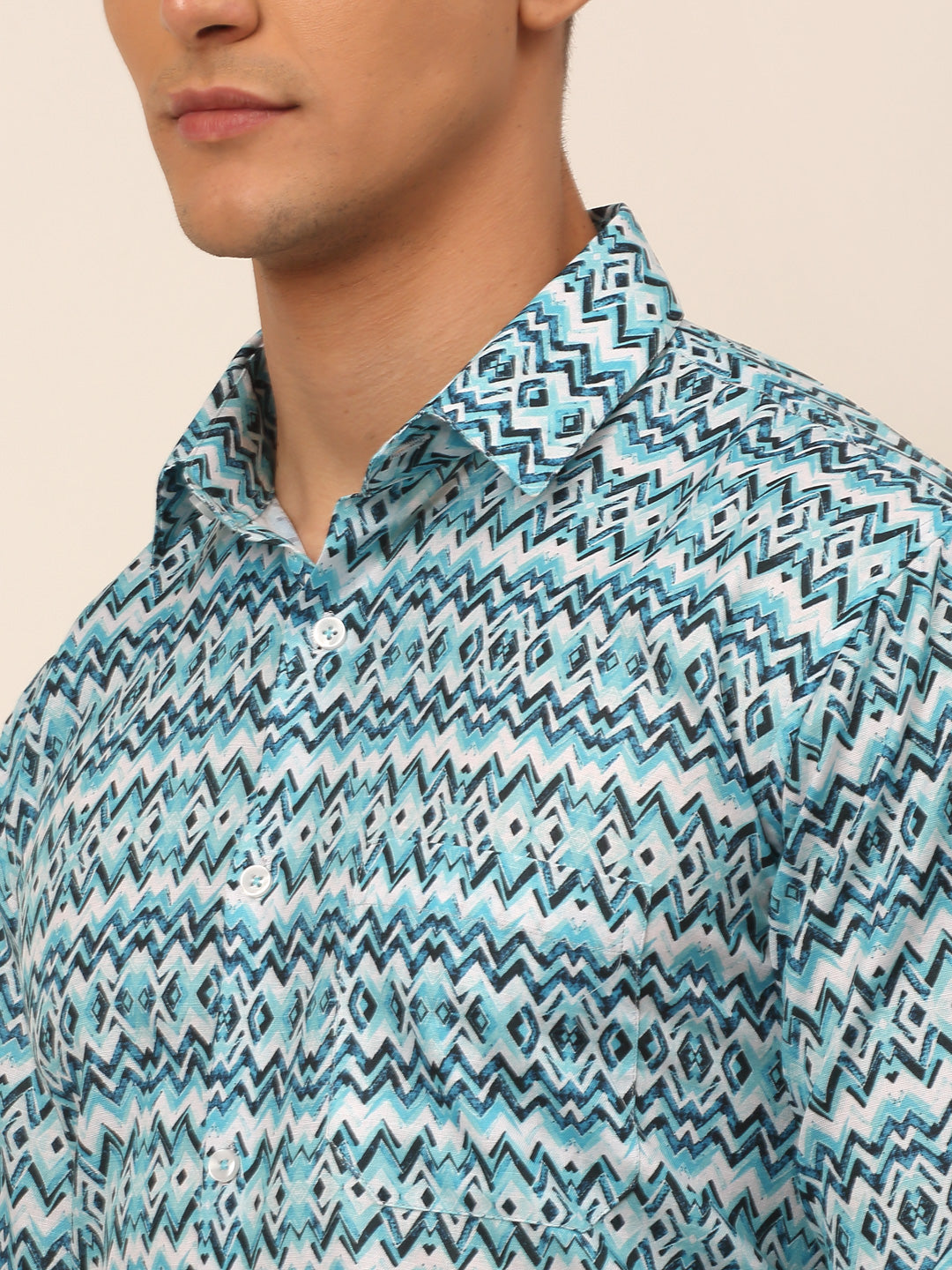 Jainish Men's Cotton Printed Formal Shirts - Sky Blue | Grocsy