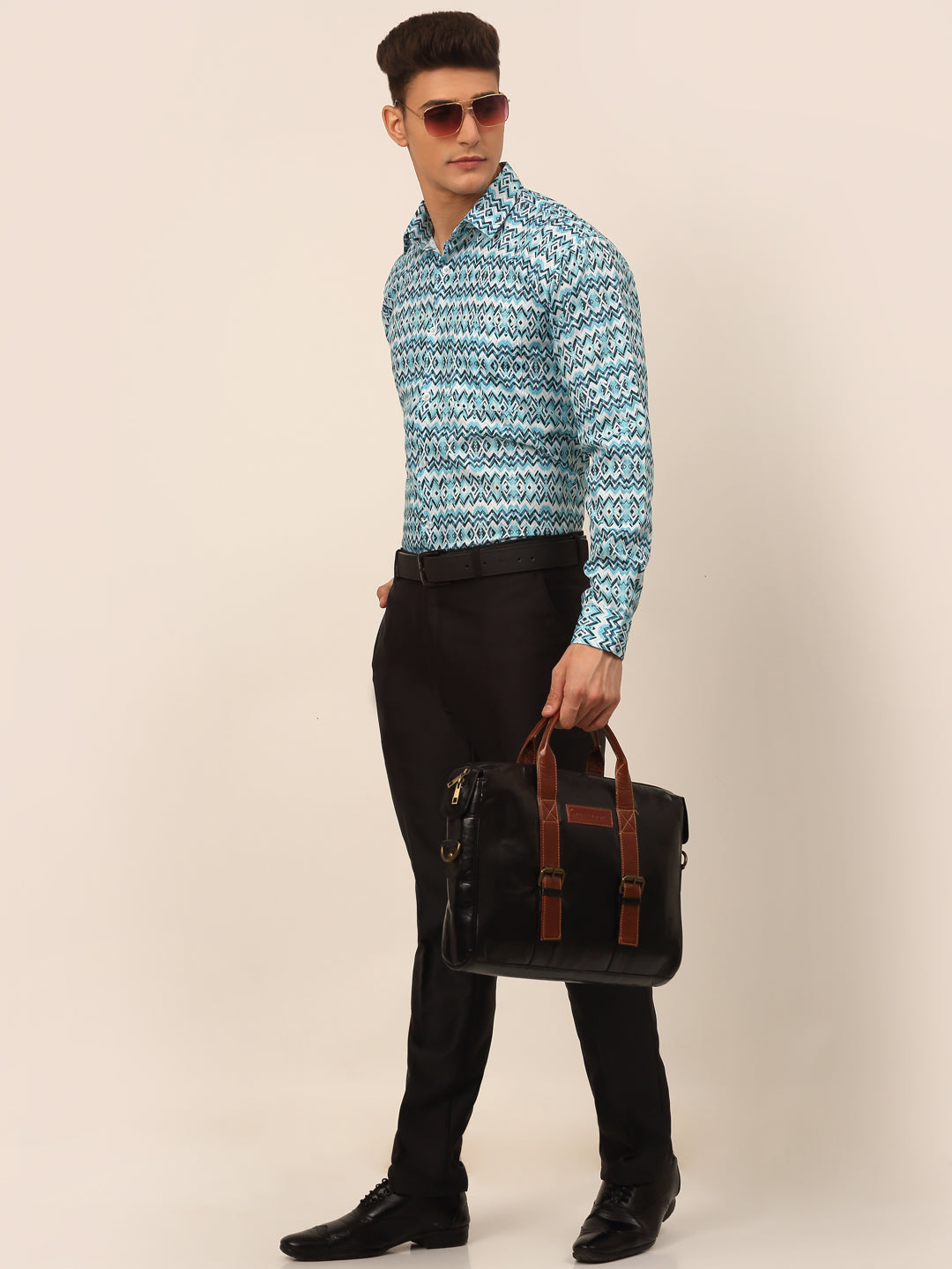 Jainish Men's Cotton Printed Formal Shirts - Sky Blue | Grocsy